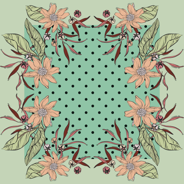 自然波西米亚丝巾几何设计，植物绿色蓝印和点中心点。的抽象的装饰。矢量图图片下载