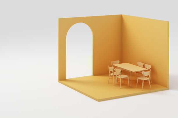 一套黄色家具模拟和等距墙3d渲染图片下载