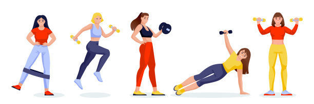 女运动员在体育馆里摆出不同的姿势。带着健身手环和哑铃的女孩角色。矢量图图片下载