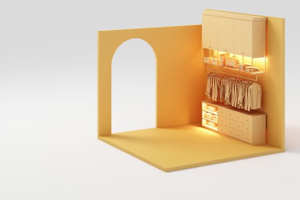 一套黄色家具模拟和等距墙3d渲染图片下载