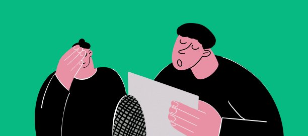 在电视或广播演播室里，人们在麦克风前以绿色背景阅读新闻。现代平面设计插画素材图片