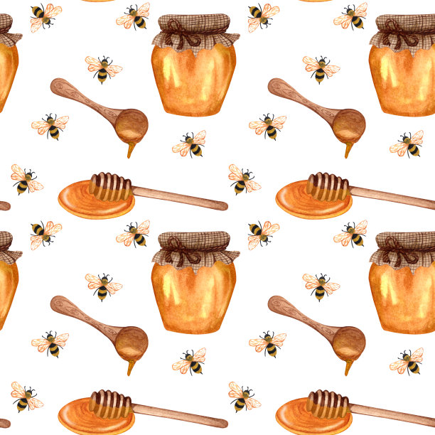 水彩蜂蜜无缝图案与蜜蜂和蜂蜜。手绘重绘背景。素材图片