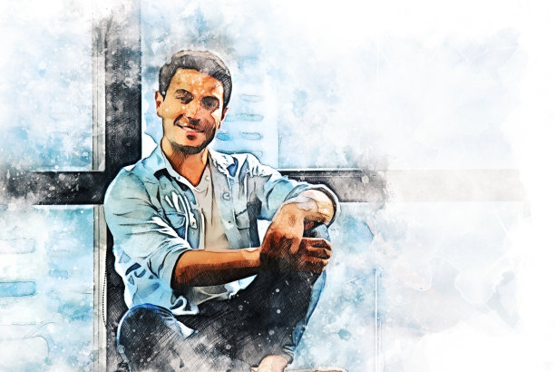 在水彩插画背景中工作的抽象商务男人图片下载