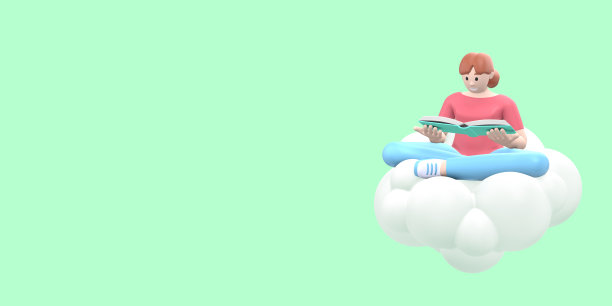 文学迷，一个年轻的女孩在天空的云上看书。有趣的，抽象的卡通人物在绿色的背景上。3 d渲染。图片下载