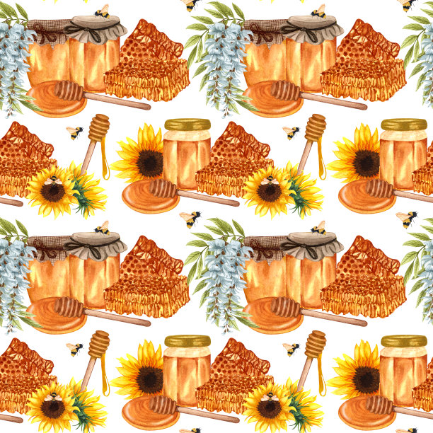 水彩蜂蜜无缝图案与蜜蜂和蜂蜜。手绘复写背景与向日葵，洋槐花，蜂蜜浸渍，蜂窝。素材图片
