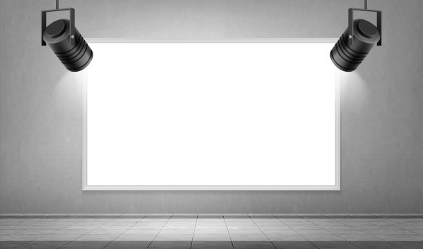 博物馆里空荡荡的白色画框和悬挂着的聚光灯图片下载