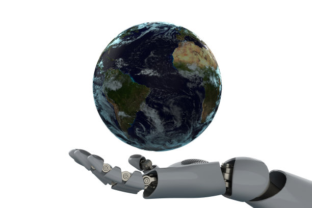 3D渲染行星地球上的机器人手库存照片图片下载