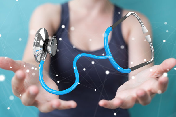 商人女人在模糊的背景持有和触摸浮动听诊器3D渲染图片下载