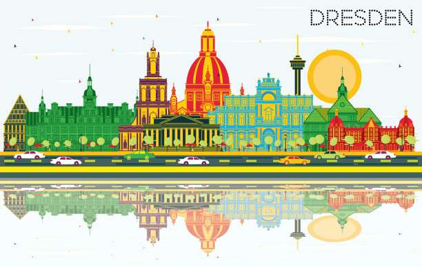 德累斯顿德国城市天际线与彩色建筑，蓝天和反射。图片下载