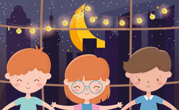 圣诞快乐庆祝微笑的孩子窗夜灯月图片下载