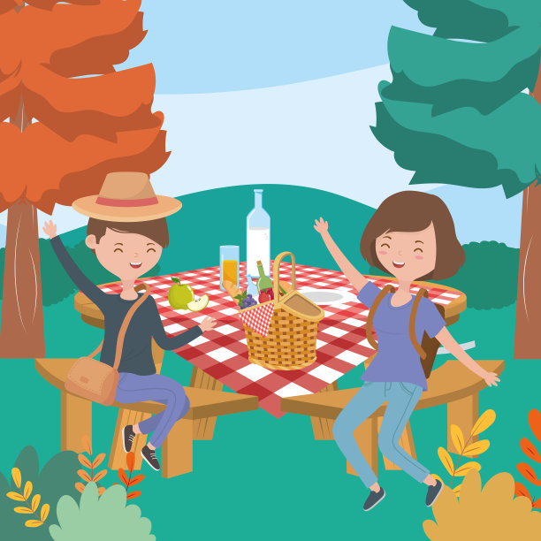 快乐的男人和女人用餐桌食物野餐自然景观图片下载