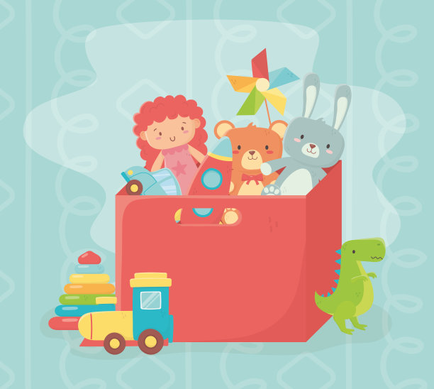 红盒子里装满了玩具娃娃，兔子，熊，火箭，风的游戏玩具图片下载