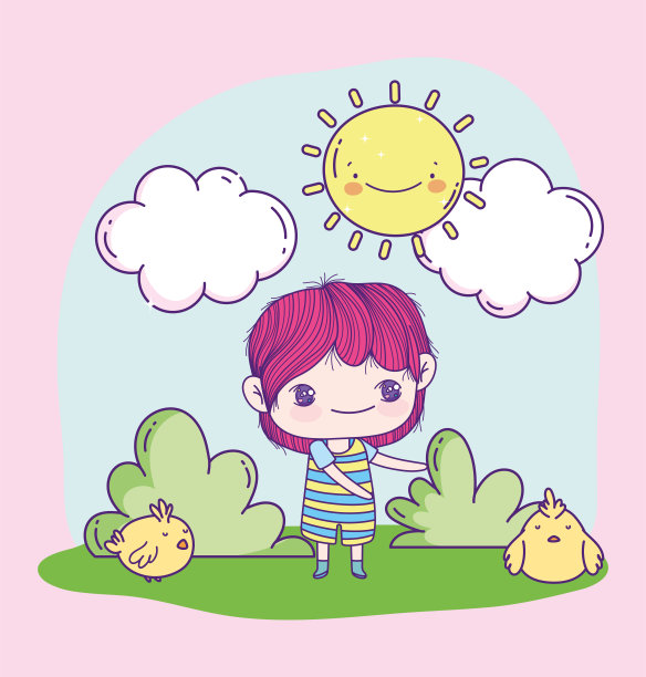 动漫可爱的男孩和小鸡在草地上图片下载