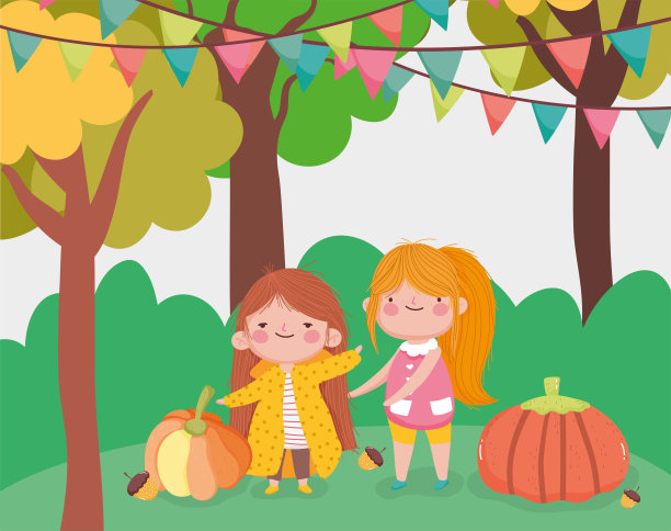 感恩节全家快乐，公园里可爱的小女孩带着南瓜图片下载