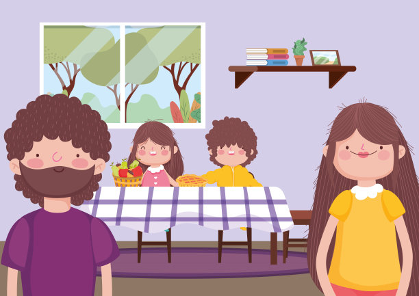 家长和孩子们在餐厅庆祝感恩节快乐图片下载