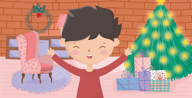 男孩客厅，树，沙发，礼物，墙，砖，圣诞快乐庆祝图片下载