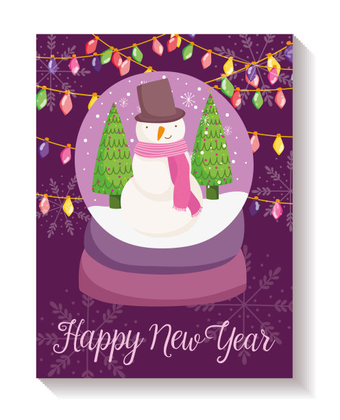 新年快乐雪人水晶球灯泡树海报图片下载