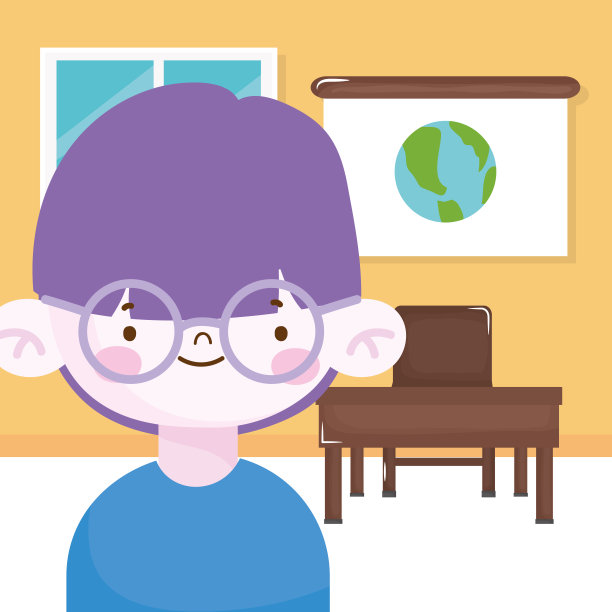 快乐的小男孩戴着眼镜在课桌上看地图图片下载