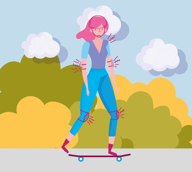 女人卡通与滑板在秋季矢量设计图片下载