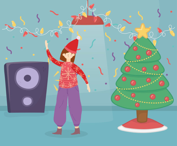 圣诞快乐，穿着丑毛衣的女人圣诞树喇叭五彩纸屑庆祝图片下载