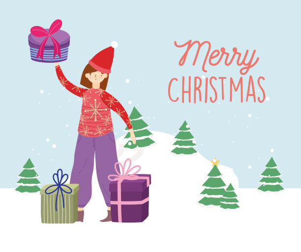 圣诞快乐的女人与丑陋的毛衣礼物树雪庆祝图片下载