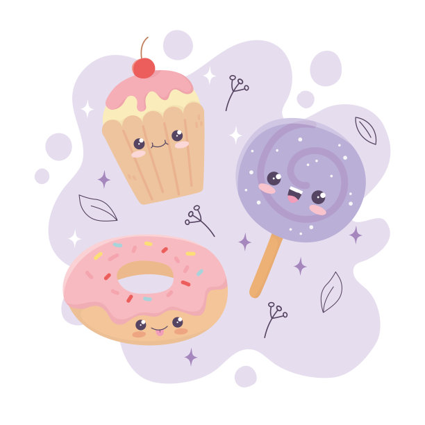 卡哇伊甜甜圈棒棒糖和纸杯蛋糕甜点卡通图片下载