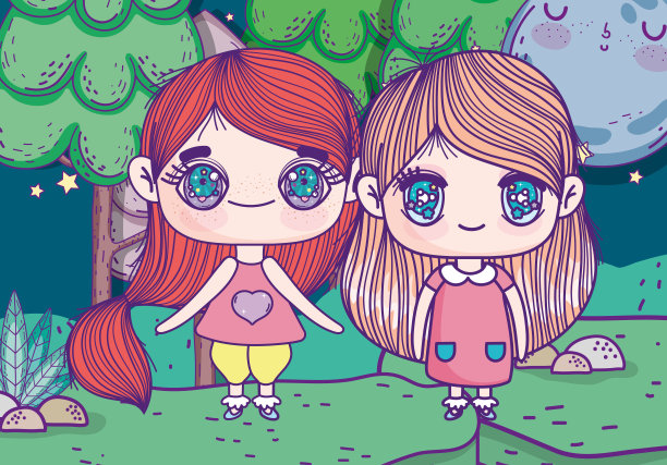 孩子们，可爱的小女孩们在晚上的公园里动漫图片下载