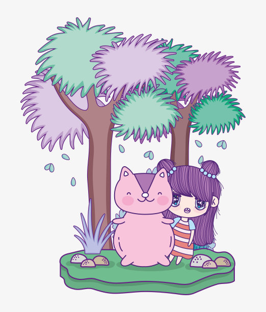 孩子们，可爱的小女孩动漫卡通和可爱的松鼠树叶图片下载