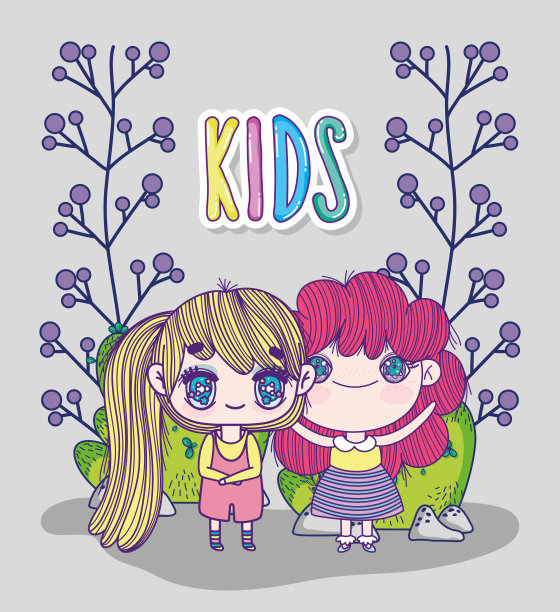 小朋友们，小女孩们动漫卡通快乐用树叶装饰图片下载