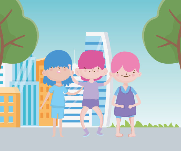 快乐的六一儿童节可爱的小男孩们在城市道路上的树木图片下载