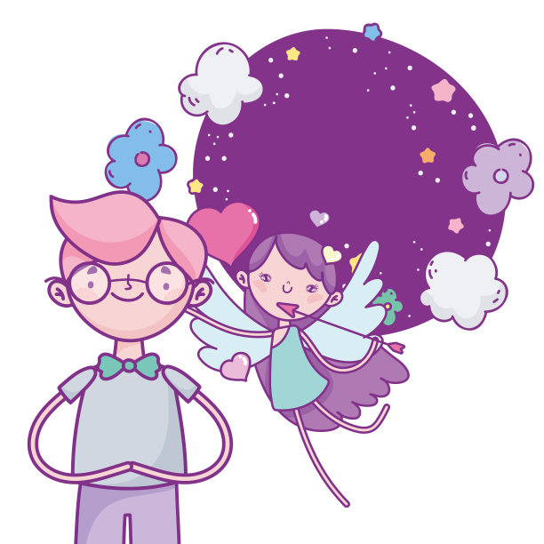 情人节快乐，可爱的小男孩与飞翔的丘比特之箭心连心图片下载