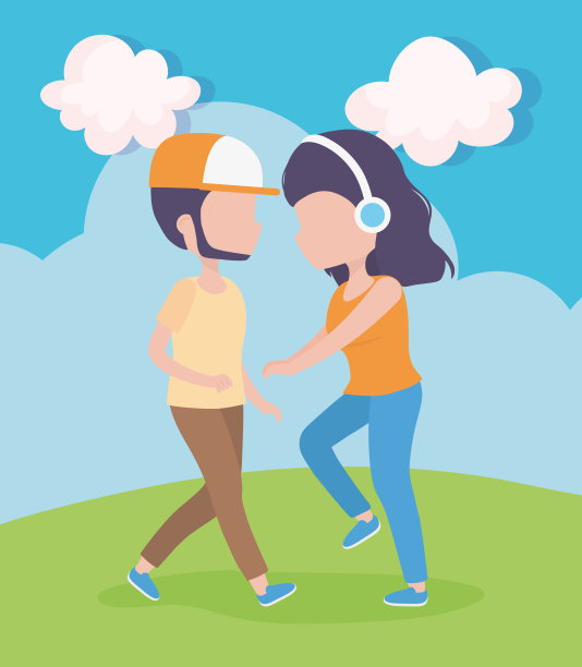 女人戴着耳机，男人走路田野健康的生活方式图片下载