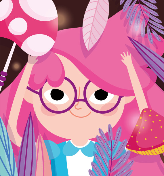 可爱的女孩蘑菇叶自然儿童性格图片下载