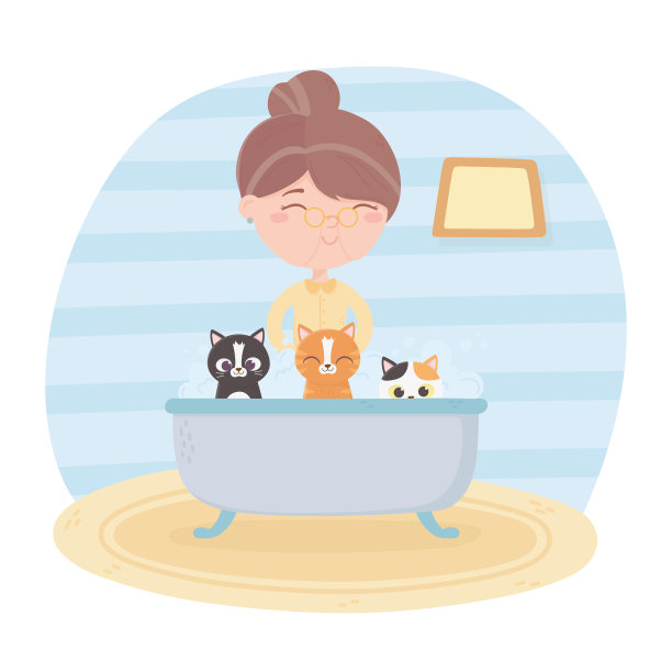 在浴缸里给洗澡的猫梳洗的老妇人图片下载