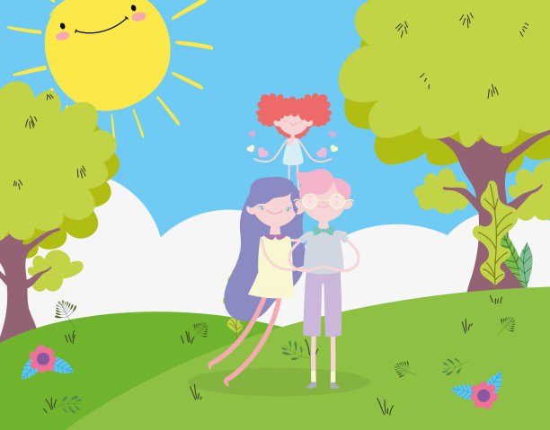 情人节快乐，年轻的情侣和丘比特拥抱在鲜花盛开的草地上图片下载