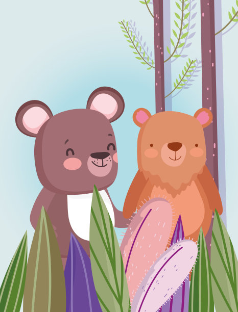 小泰迪熊和卡通人物熊森林树叶自然景观图片下载