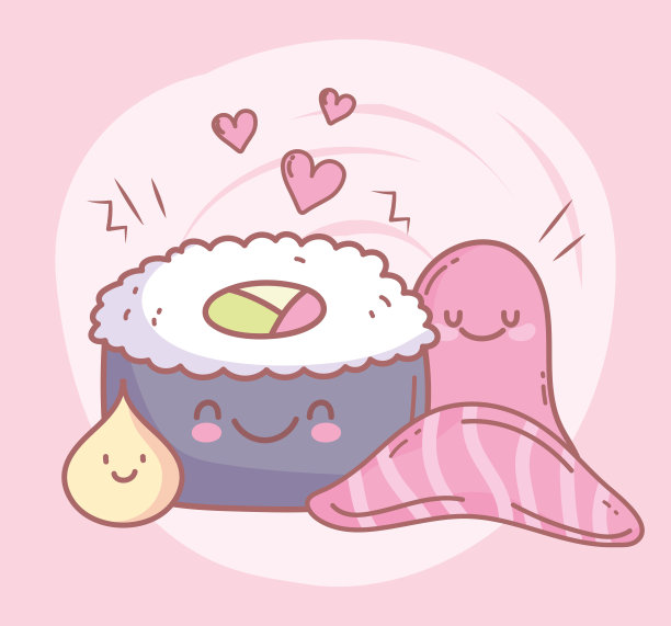 寿司、三文鱼、章鱼和菜单餐厅食物卡通图片下载