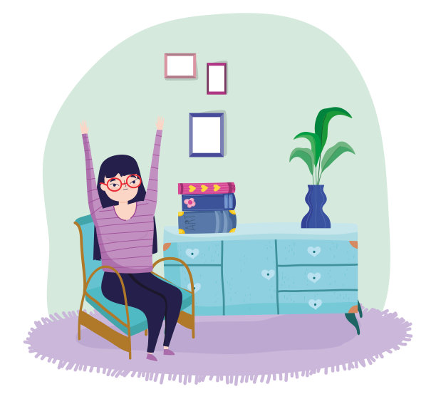 少妇坐家具书花瓶与植物，书天图片下载