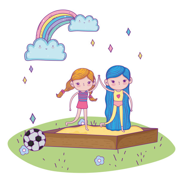 儿童节快乐，小女孩手牵着手在沙箱操场上玩图片下载