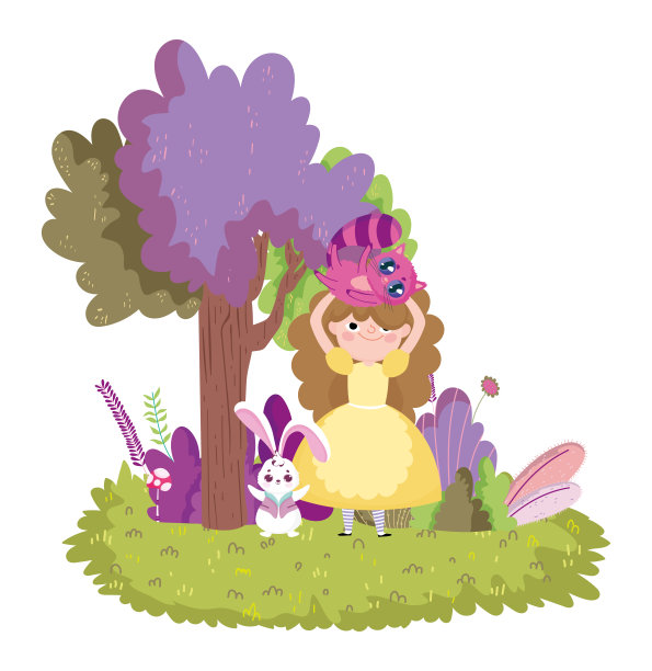 猫头和兔子树叶的女孩图片下载