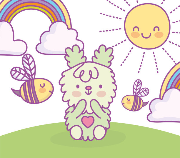 可爱的兔子坐在草地与云彩太阳卡通图片下载