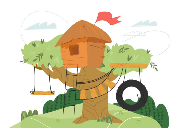 儿童游乐场背景有树屋，秋千和绳梯。图片下载