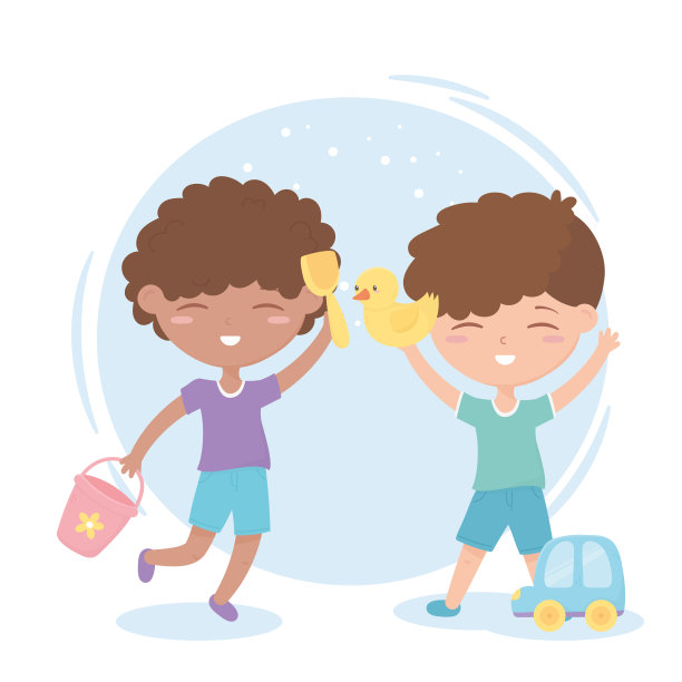 儿童区，可爱的小男孩玩水桶鸭和汽车玩具图片下载