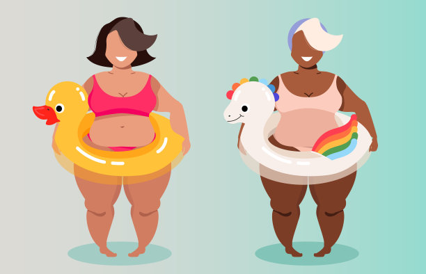 女孩和游泳环。穿着泳衣的胖女人。女性角色。彩池环-独角兽和黄色浴鸭。夏天的概念。身体正面现代插图web和打印使用。图片下载