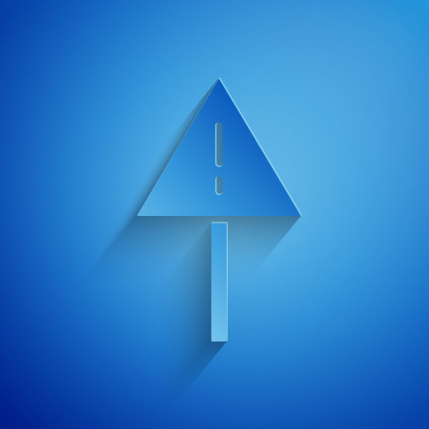 剪纸感叹号在三角形图标孤立在蓝色背景。危险警告标志、小心、注意、危险警告标志。纸艺术风格。矢量图图片下载