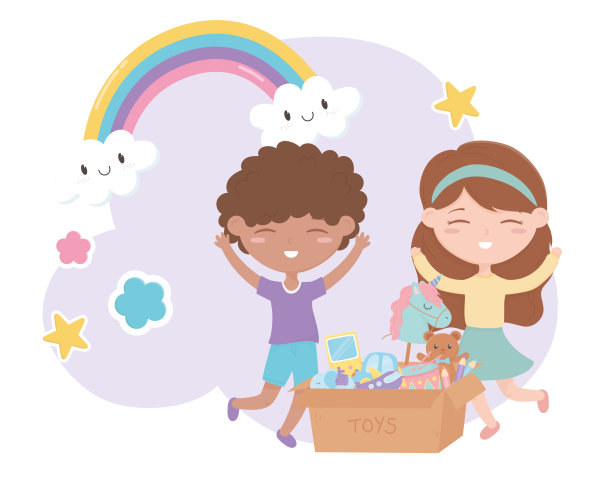 儿童区，男孩和女孩与纸板盒的玩具图片下载
