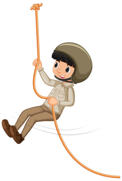 男孩在白色背景上的童子军制服攀登绳索图片下载