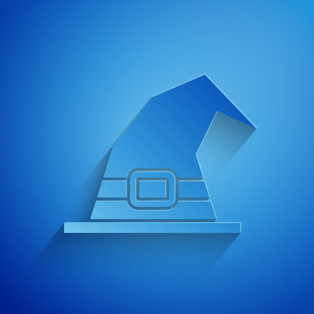 剪纸女巫帽图标孤立在蓝色背景。快乐的万圣节派对。纸艺术风格。矢量图图片下载