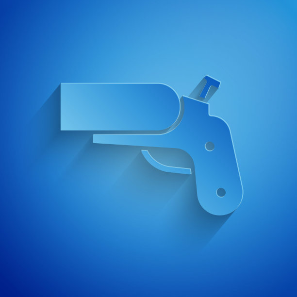 纸切割信号枪手枪信号sos图标孤立在蓝色背景。紧急射击目标烟雾。橙色911发射器。纸艺术风格。矢量图图片下载