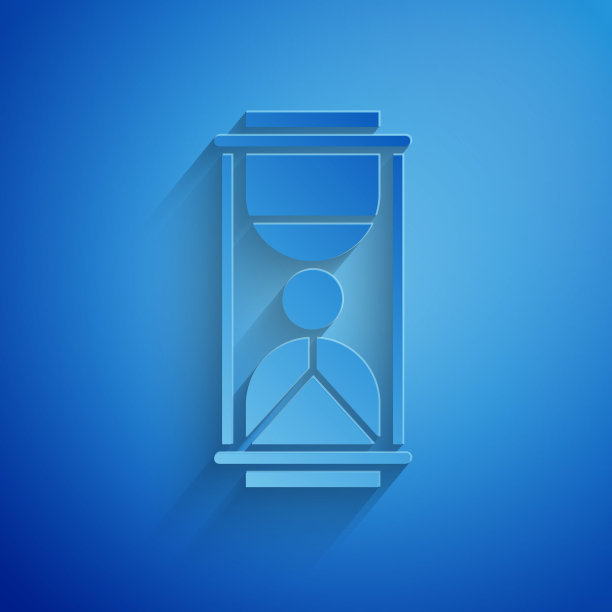 剪纸旧沙漏流沙图标孤立在蓝色背景。沙漏的迹象。业务和时间管理理念。纸艺术风格。矢量图图片下载